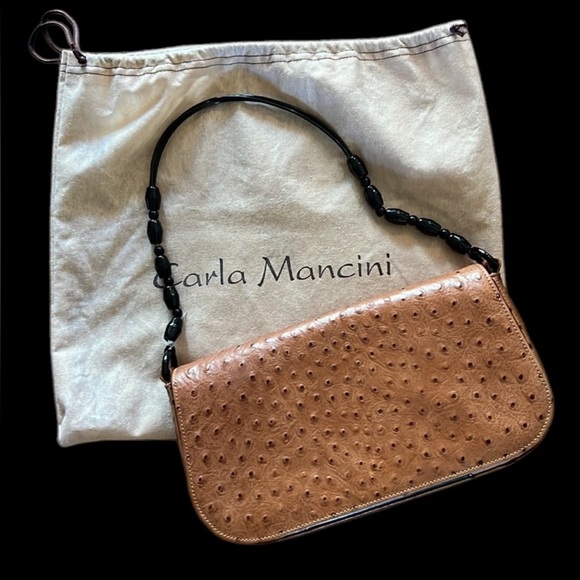 carla Mancini Handbags - Carla Mancini leather bag. Ostrich embossed leather. Brown. Beaded handle w/bag